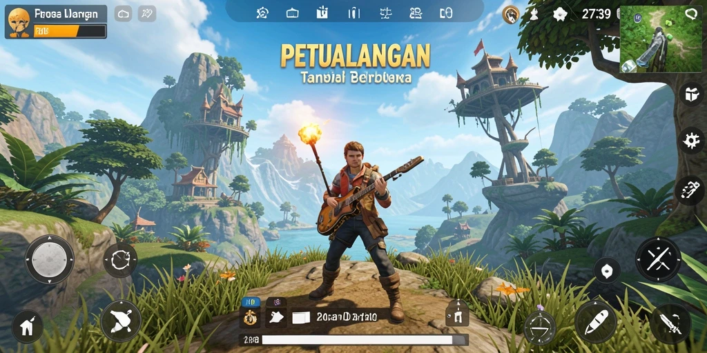 Screenshot menampilkan karakter utama menjelajahi dunia terbuka yang indah.