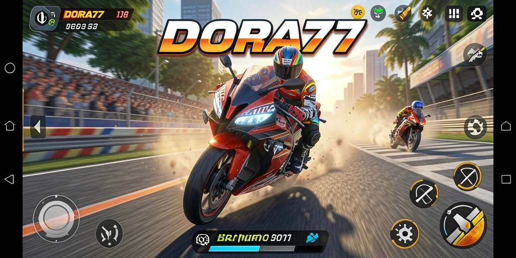 Screenshot DORA77 menunjukkan intensitas balapan motor yang mendebarkan.