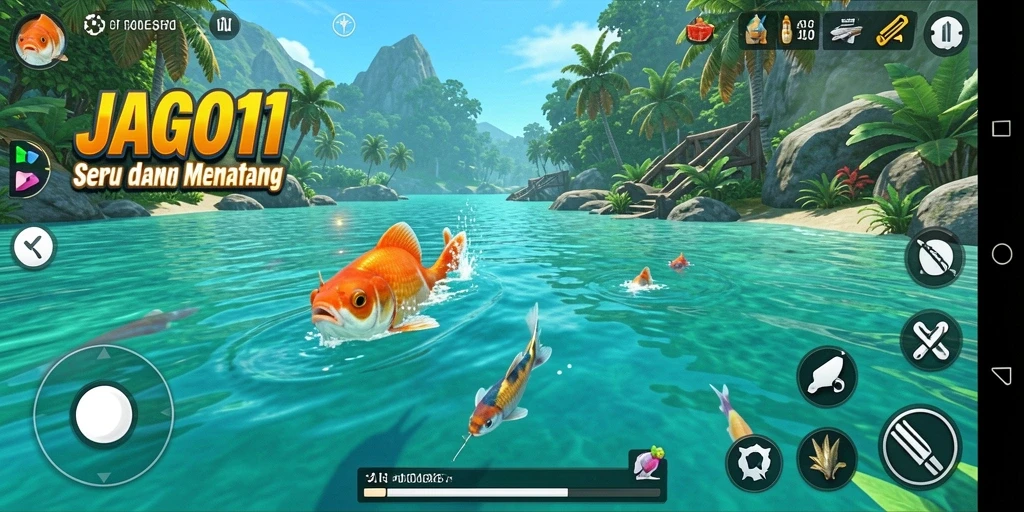 Gameplay menarik JAGO11 yang menampilkan berbagai jenis ikan di lokasi yang indah.