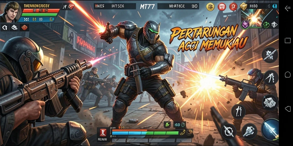 Screenshot menampilkan aksi pertempuran seru di MT777 dengan karakter yang beragam.